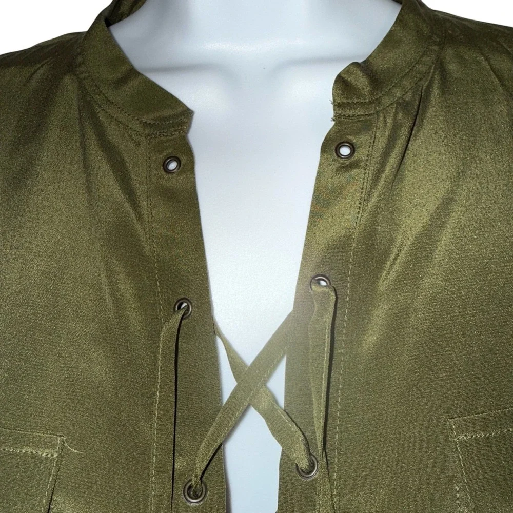 MADEWELL Olive Green Silk Lace Up Long Sleeve Monroe Blouse EUC Size Small - Picture 4 of 7